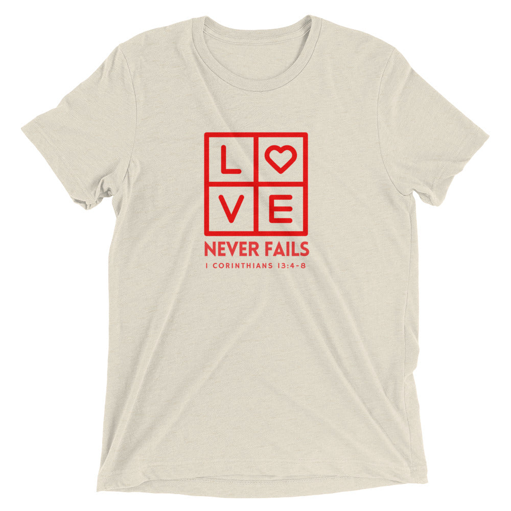 "Love Never Fails" Unisex Tri-Blend T-Shirt 12